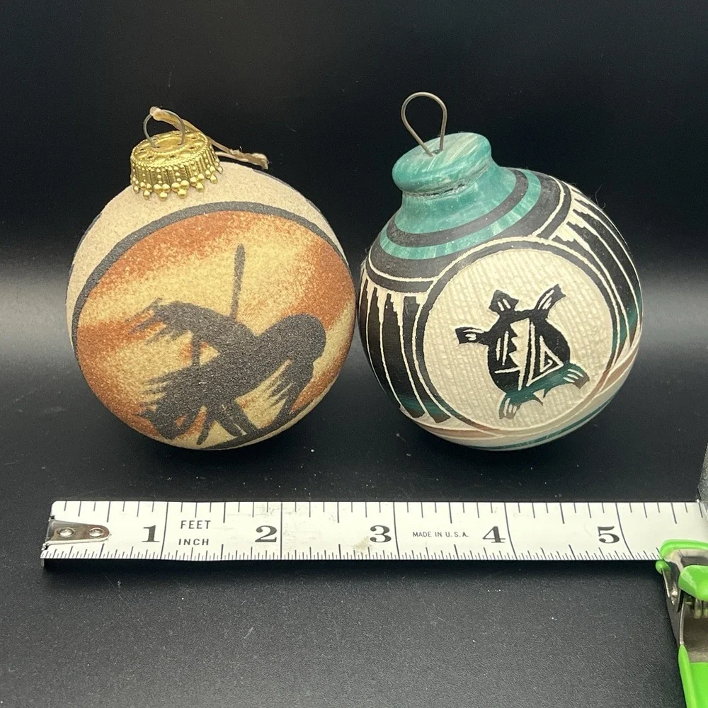 Native American Ornaments 1 Glass Textured 1 Etched Turtle Wood Signed Set‎ of 2